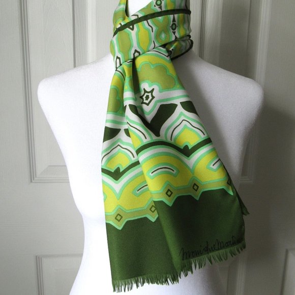 MONIQUE MARTIN Vintage Scarf African Style Tribal Design Green Yellow Fringe - Picture 1 of 5
